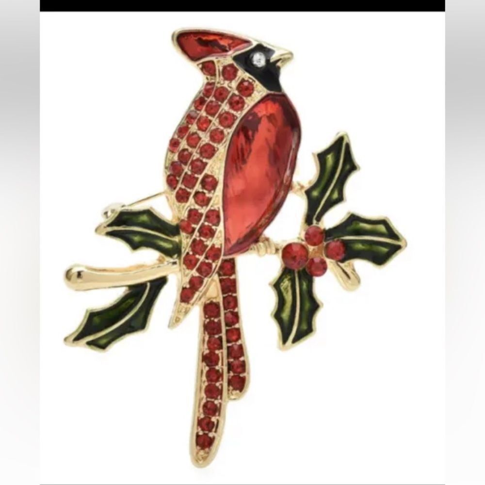 Vintage Gold,Red Enamel  Cardinal Bird Rhinestone Brooch Pin winter